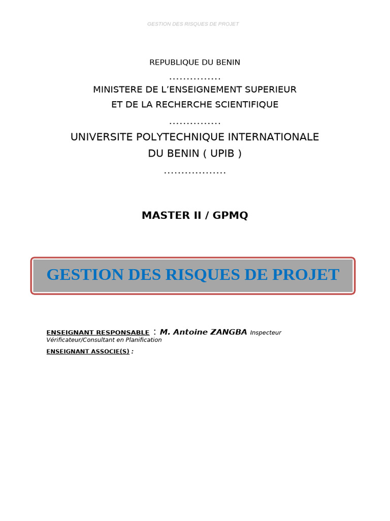 Gestion des Risques de Projet UPIB | PDF | Risque | Gestion des risques