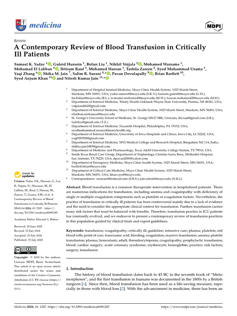 Blood Transfusion in ICU Patients Review | PDF | Anemia | Blood Transfusion