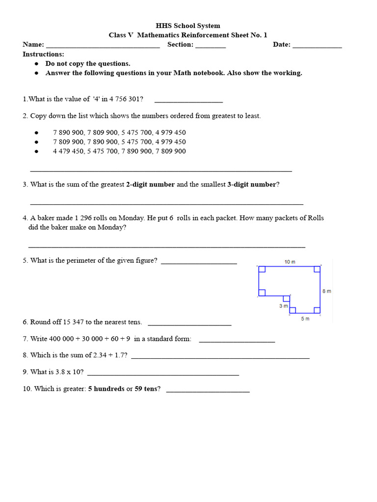 Class V Math Reinforcement Sheet | PDF