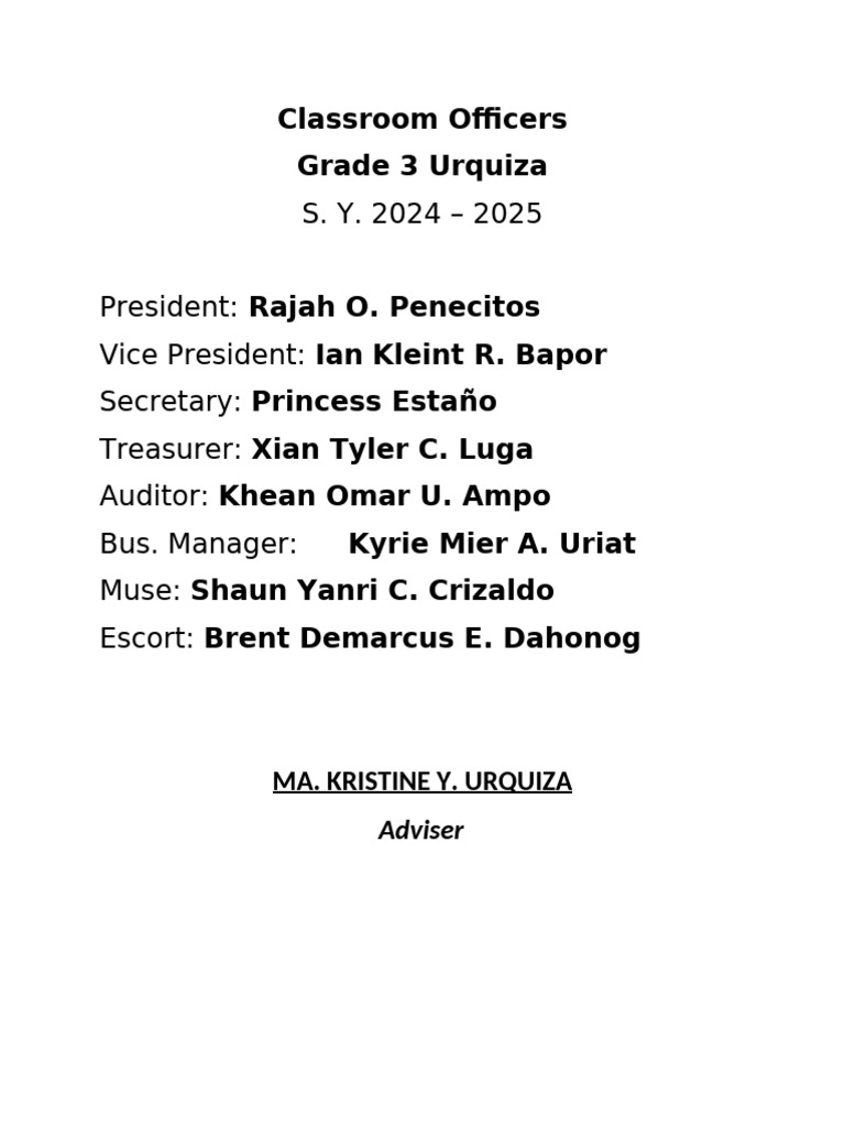 Grade 3 Classroom Officers Chart | PDF