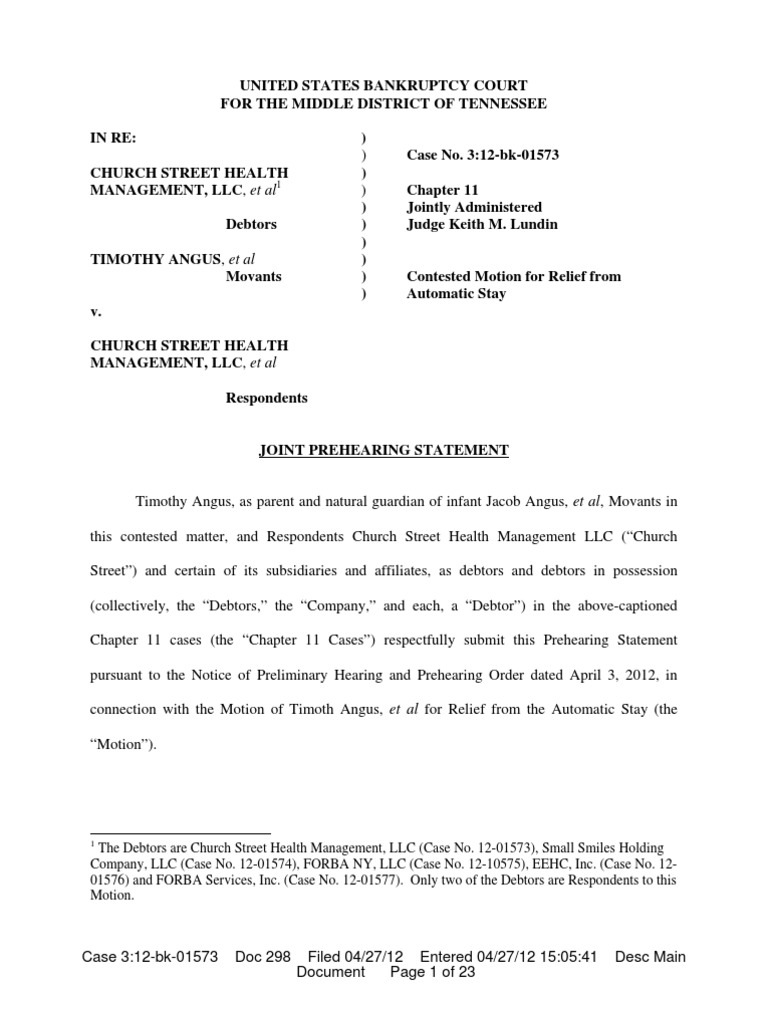 Pre Hearing Statement re Stay of NY Malpractice cases Doc 298