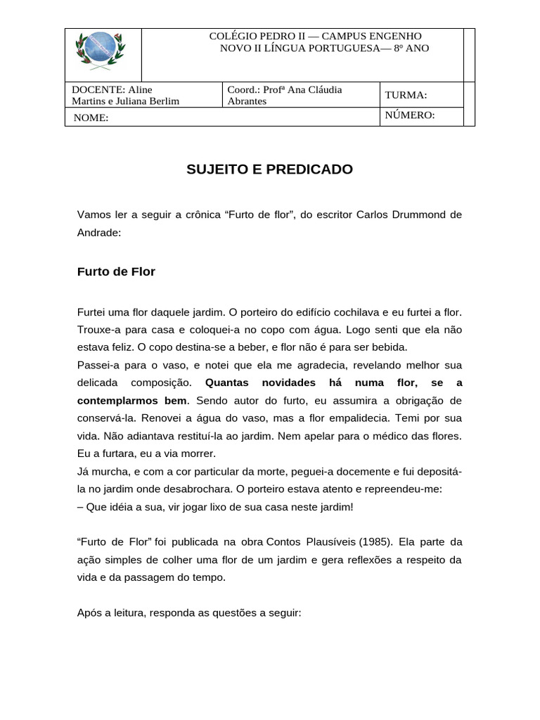 Sujeito e Predicado na Crônica "Furto de Flor" | PDF | Assunto ...