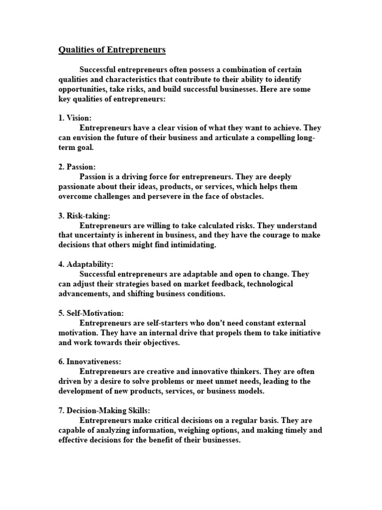 Key Qualities of Successful Entrepreneurs | PDF | Entrepreneurship ...