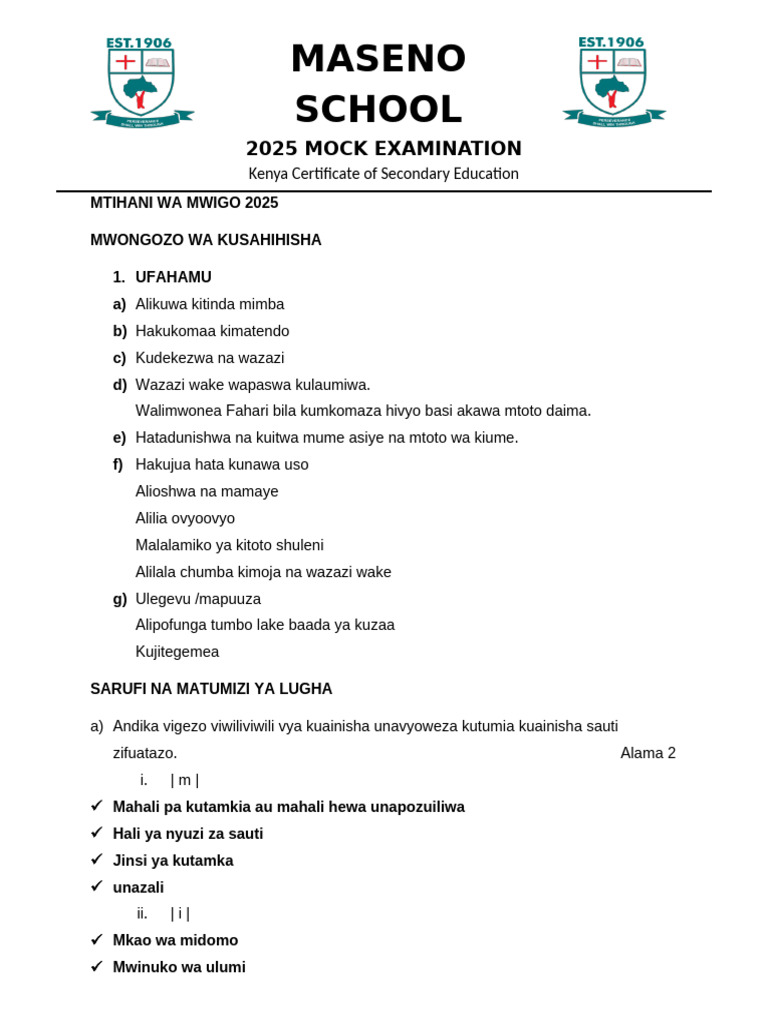 Kiswahili PP2 Mock 2025 Mwongozo | PDF
