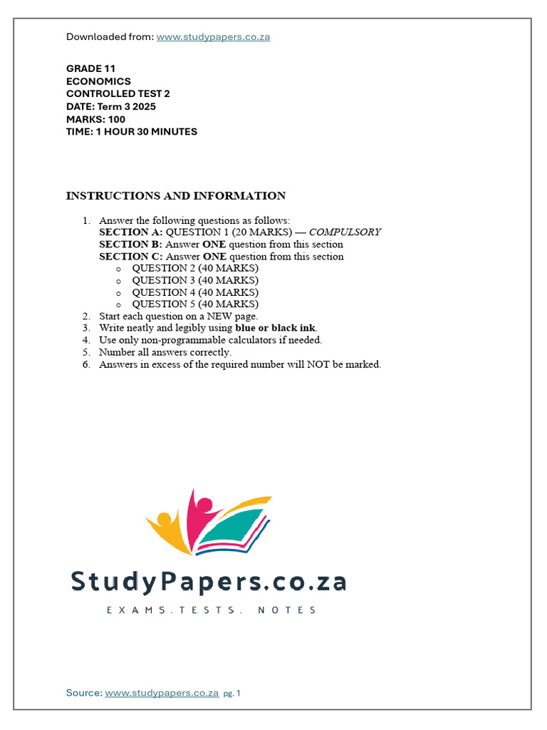 Grade 11 Economics Term 3 Test 2025 | PDF | Taxes | Economic Growth