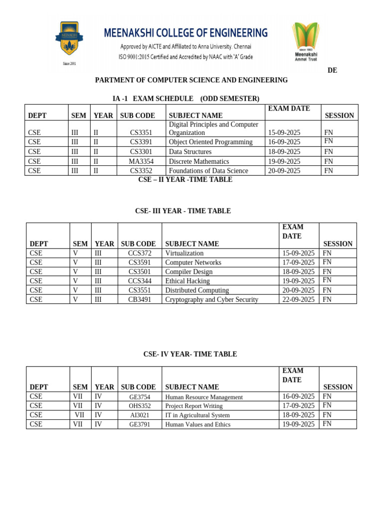CSE Exam Schedule Odd Semester 2025 | PDF | Information Technology ...