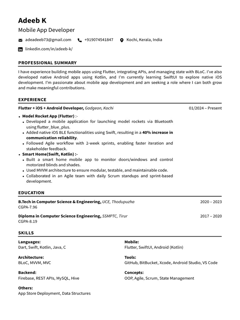 Mobile App Developer Resume - Adeeb K | PDF | Mobile App | Android ...