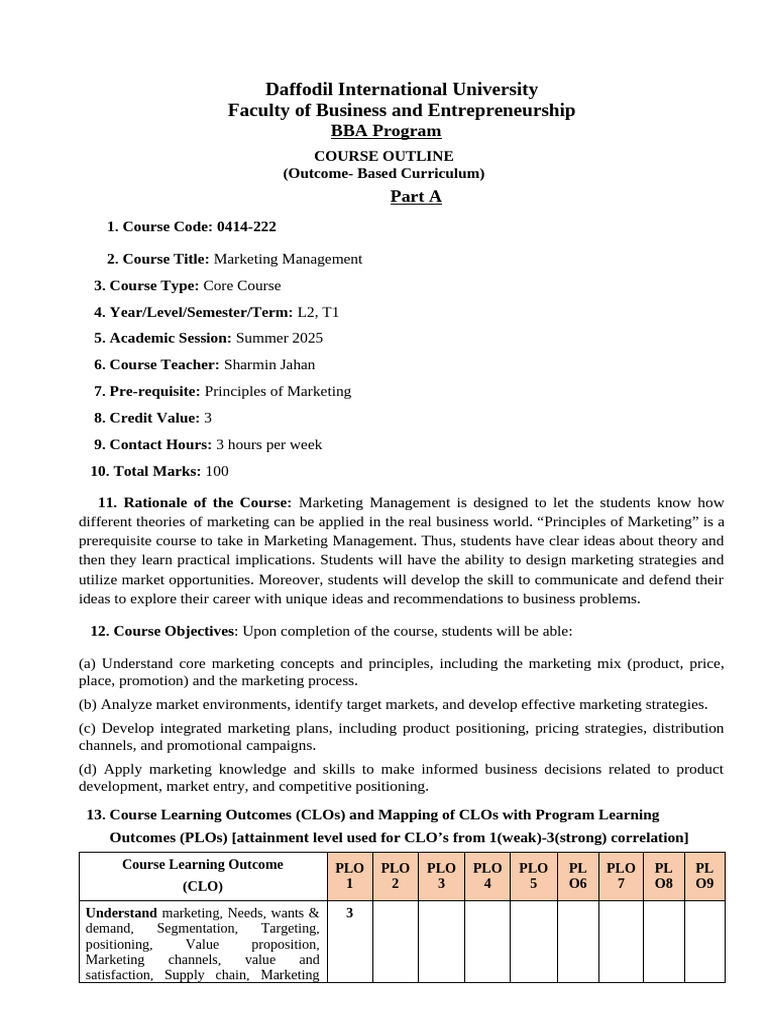 BBA Marketing Management Course Outline | PDF | Marketing | Market ...