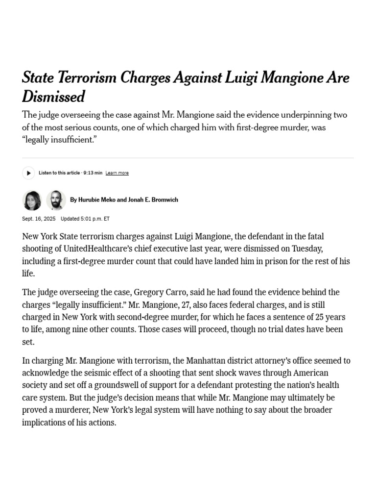Judge Dismisses Terrorism Charges Against Mangione | PDF | Crimes ...