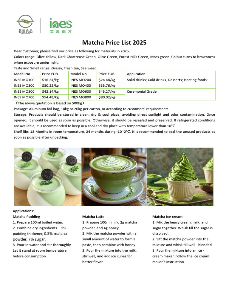Matcha Price List and Recipes 2025 | PDF