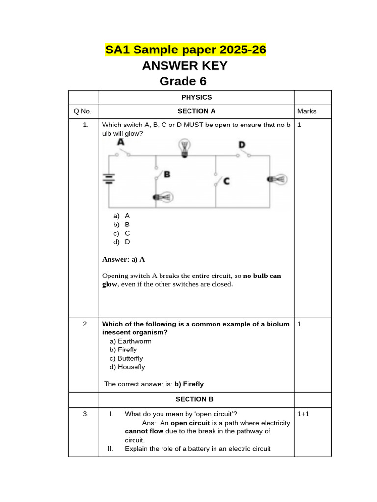 Grade 6 Physics Sample Paper 2025-26 | PDF | Eclipse | Solar Eclipse