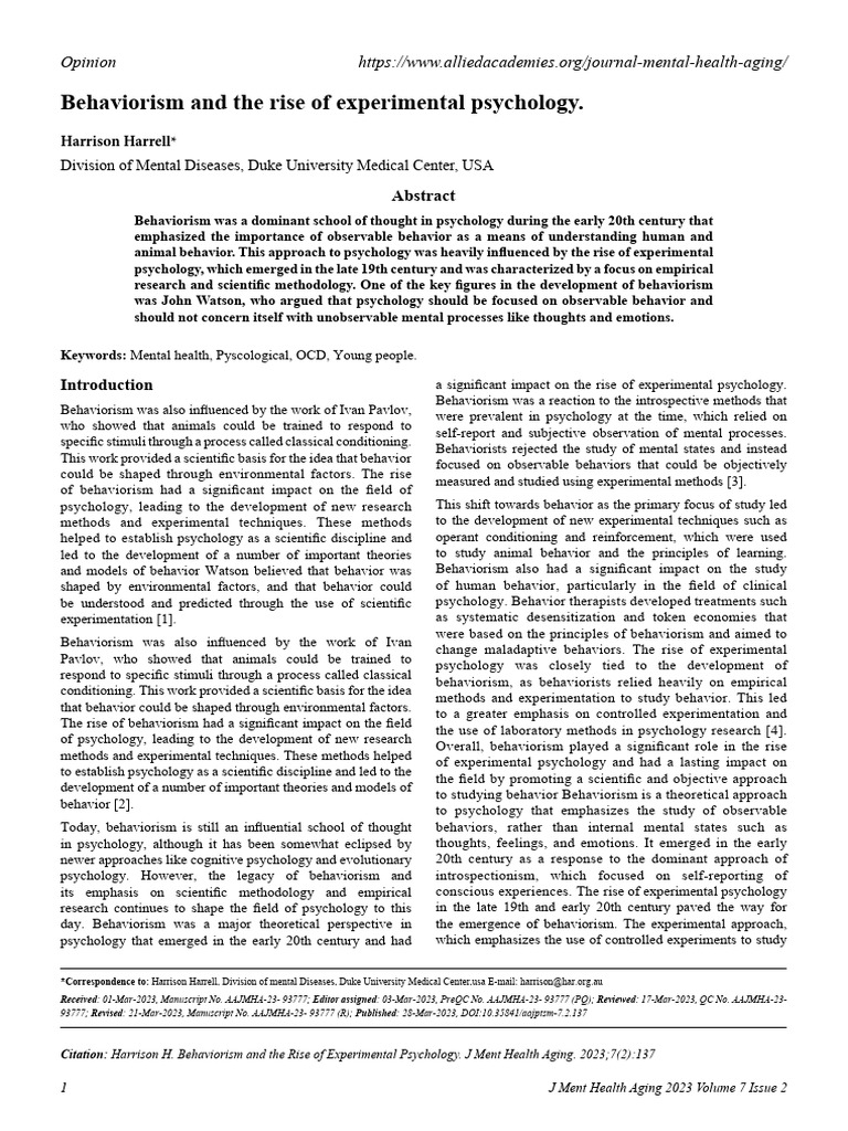 Behaviorism and The Rise of Experimental Psychology | PDF | Behaviorism ...