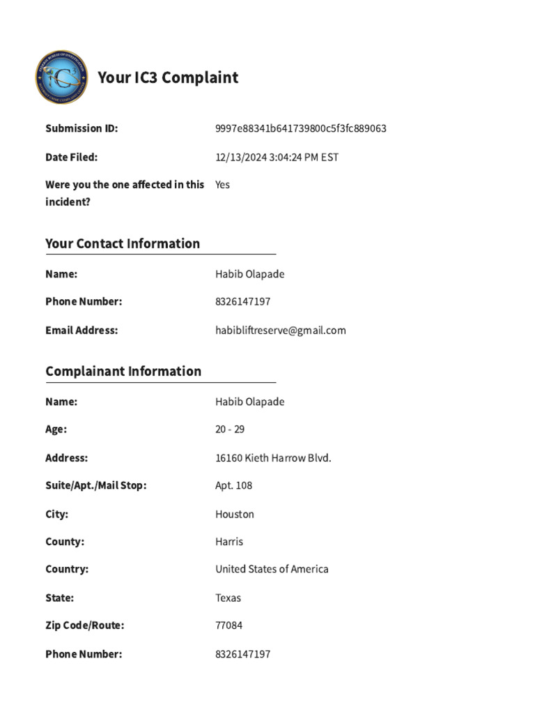 IC3 Complaint: Hacking and Discrimination | PDF | Title 18 Of The ...