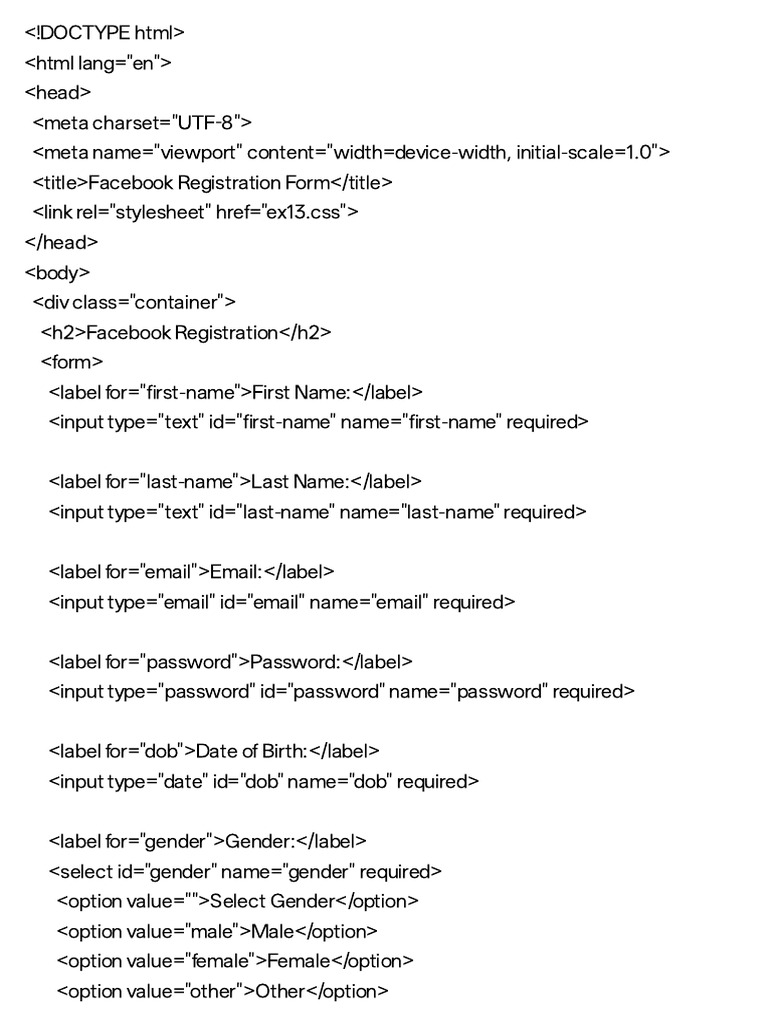 Facebook Registration Form Template | PDF