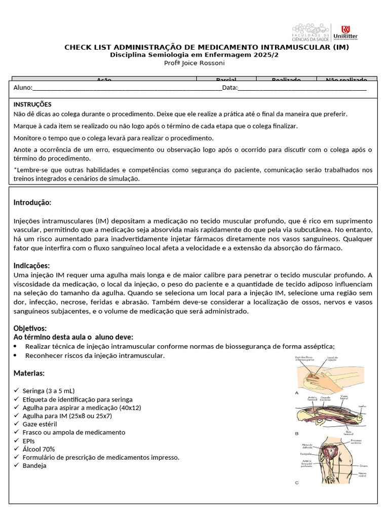 Checklist para Injeção Intramuscular | PDF | Medicina Clínica | Remédio