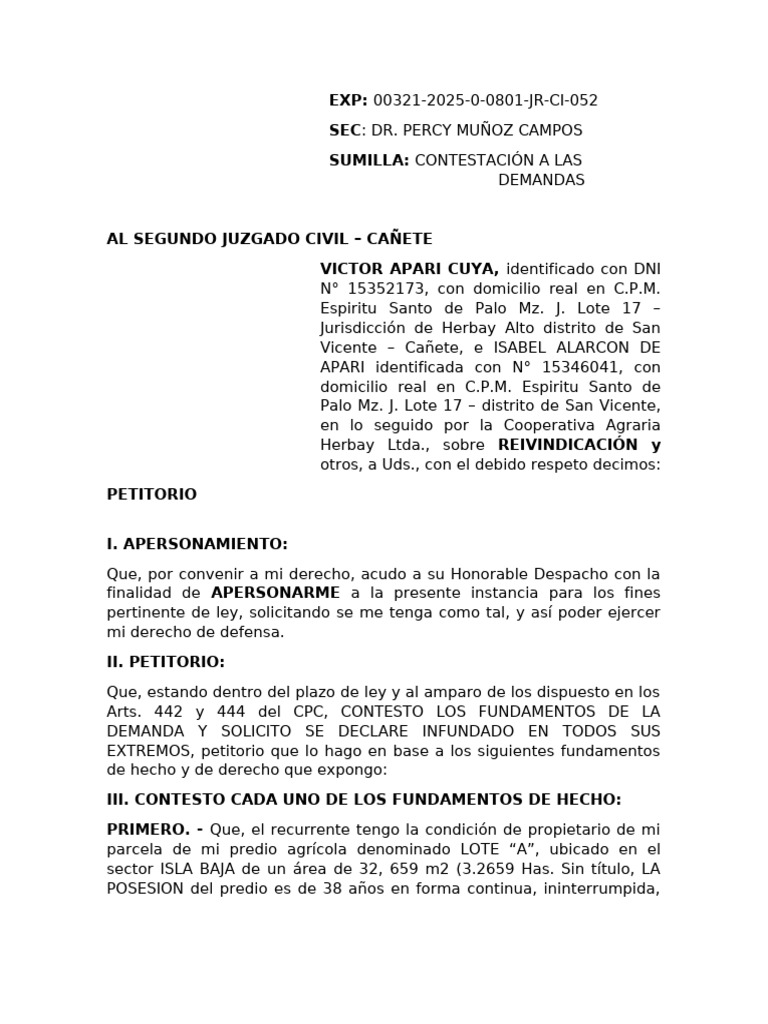 Contestación a Demanda de Reivindicación | PDF | Demanda judicial ...