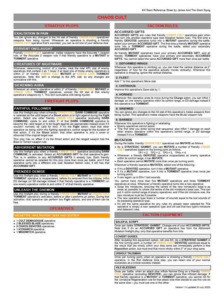 Chaos Cult Kill Team Reference Sheet | PDF