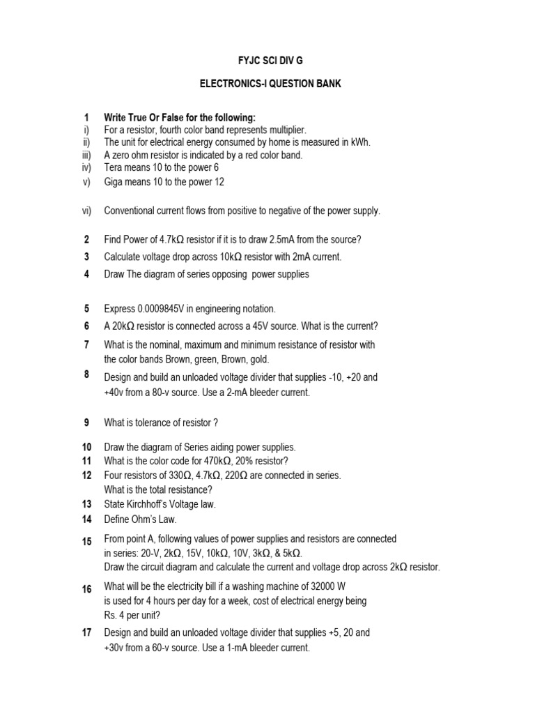 Fy Sci Div G Electronics Paper-I Question Bank | PDF