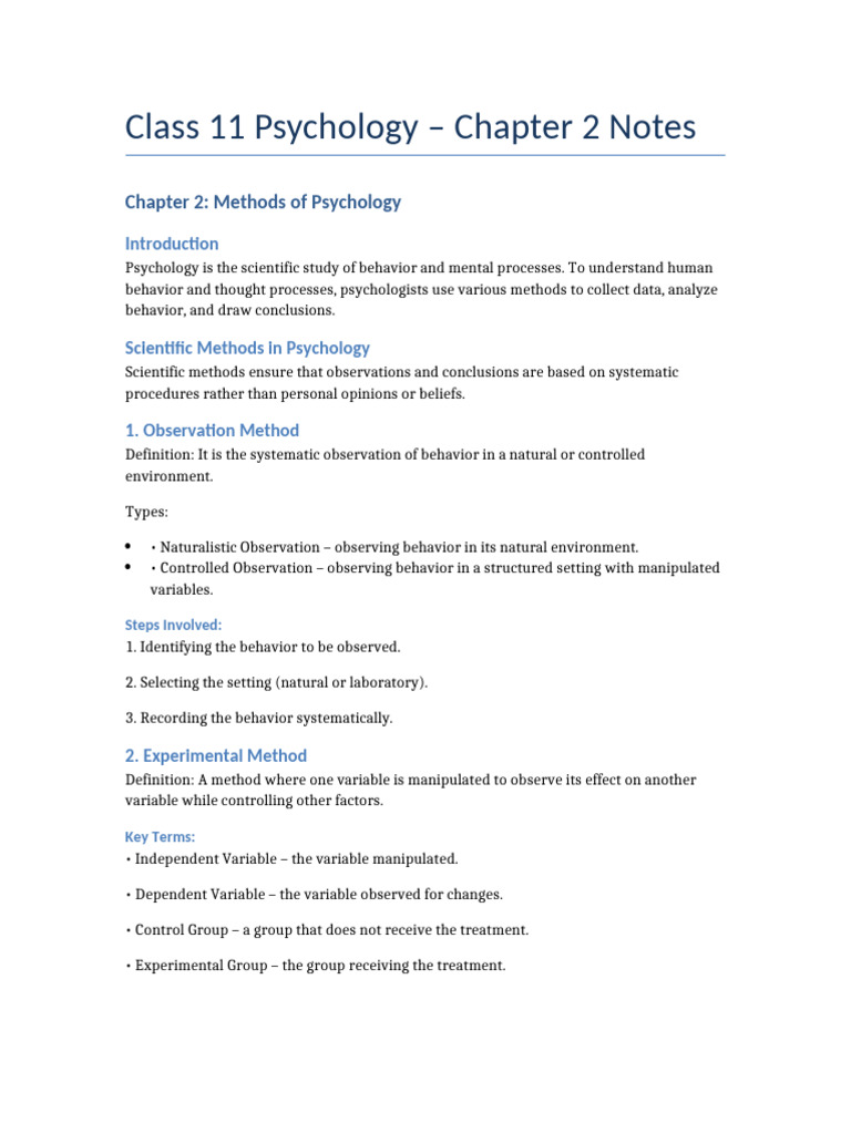 Methods of Psychology in Class 11 | PDF | Psychology | Survey Methodology
