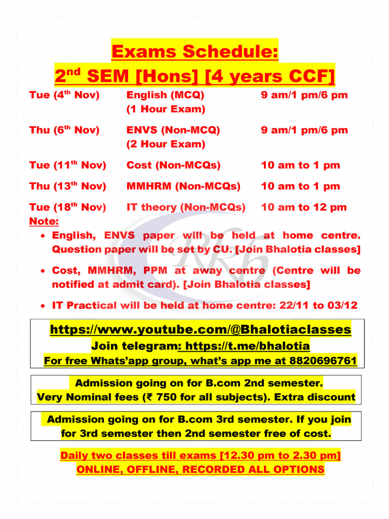 Exams Schedule 2nd Sem CCF & Cbcs (Bhalotia) | PDF