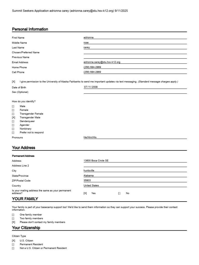 Summit Seekers Application for Adrionna Carey | PDF