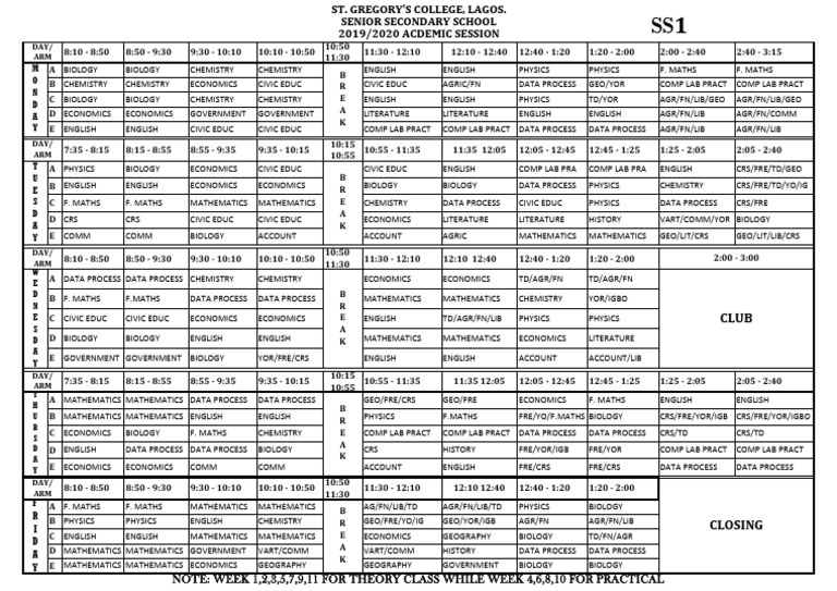 SS1 School Timetable 2019/2020 | PDF | Natural Sciences | Science