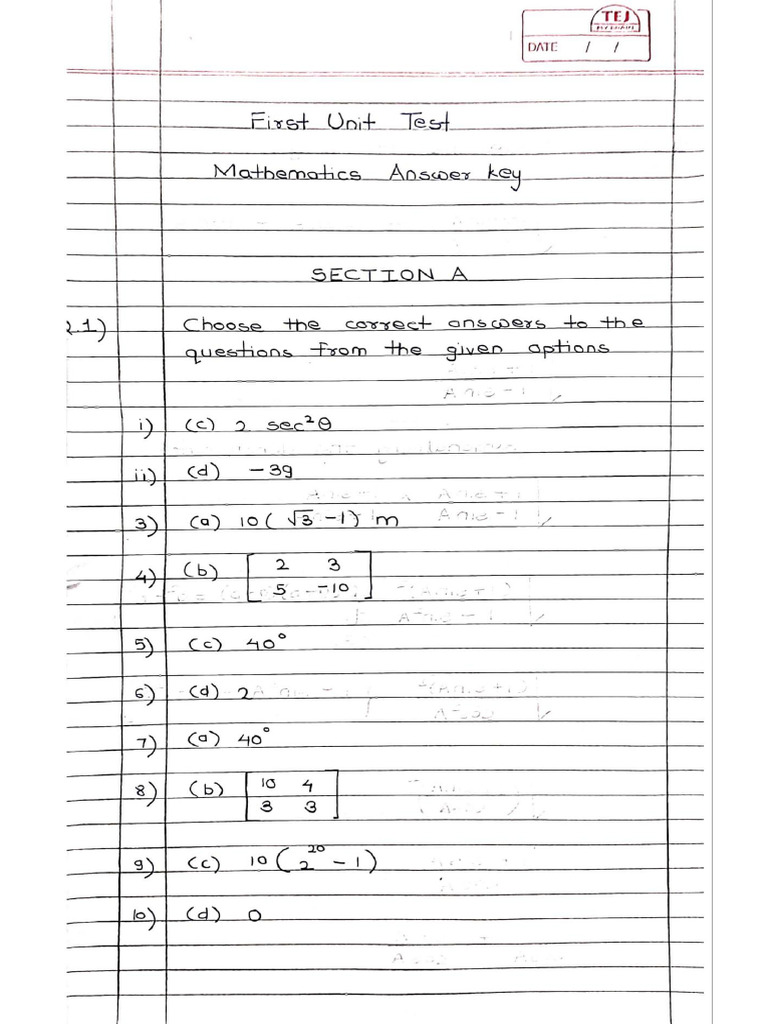 UT - 1 Answer Sheet Math Class X 25-26 by Aditee Parit | PDF
