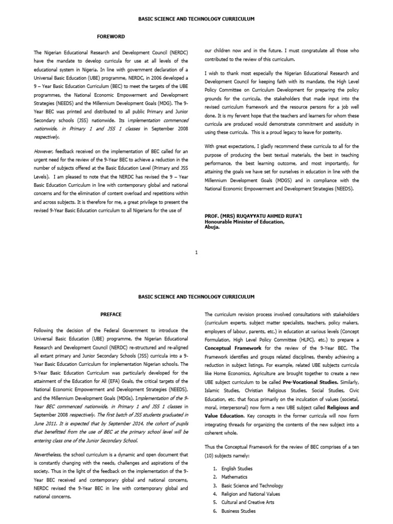 Revised Basic Science Curriculum JSS1 | PDF | Curriculum | Science