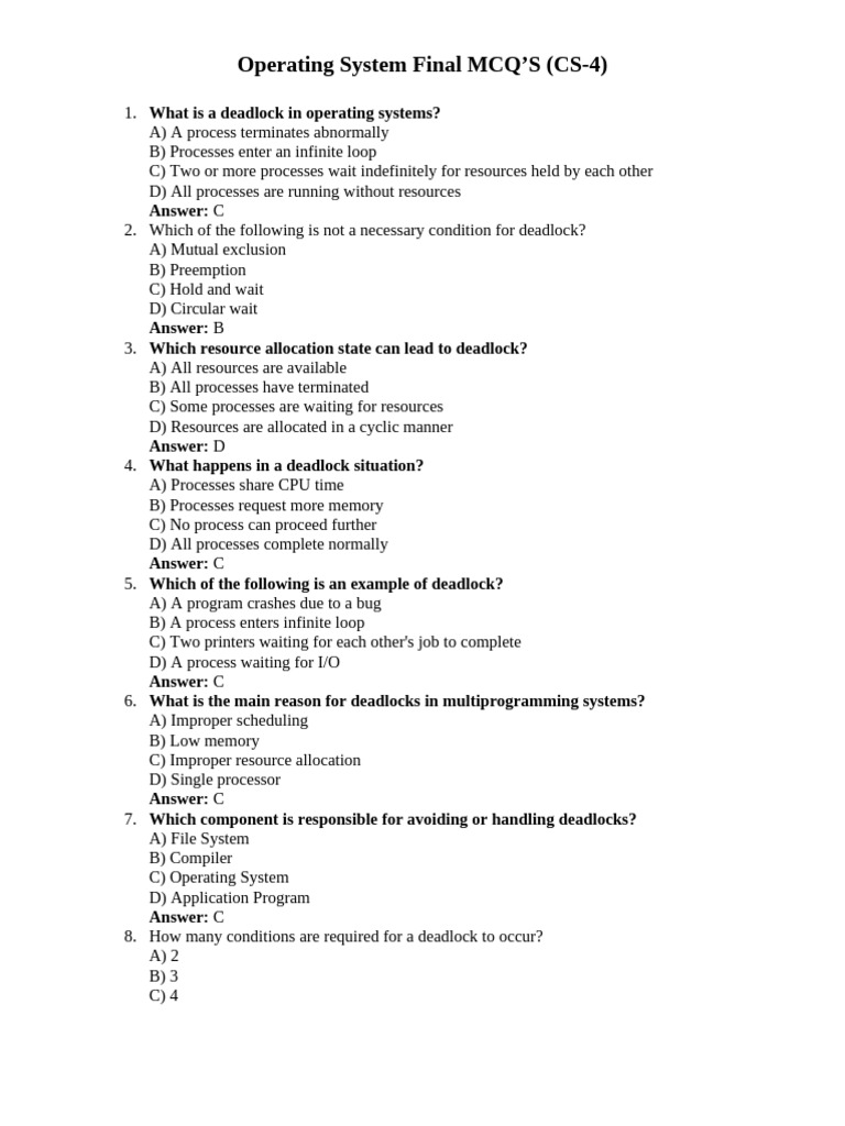Operating System Deadlock MCQs Guide | PDF | Process (Computing ...