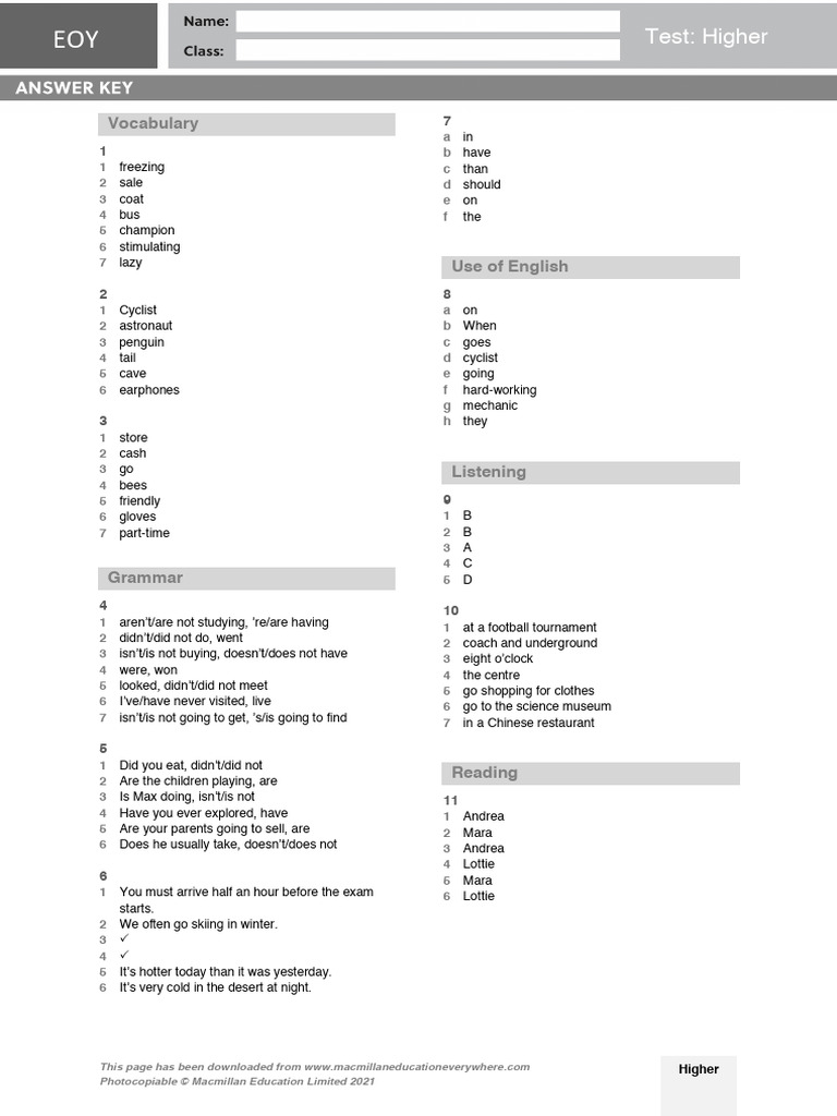 Level1 End of Year Test Higher Answer Key | PDF | Linguistics