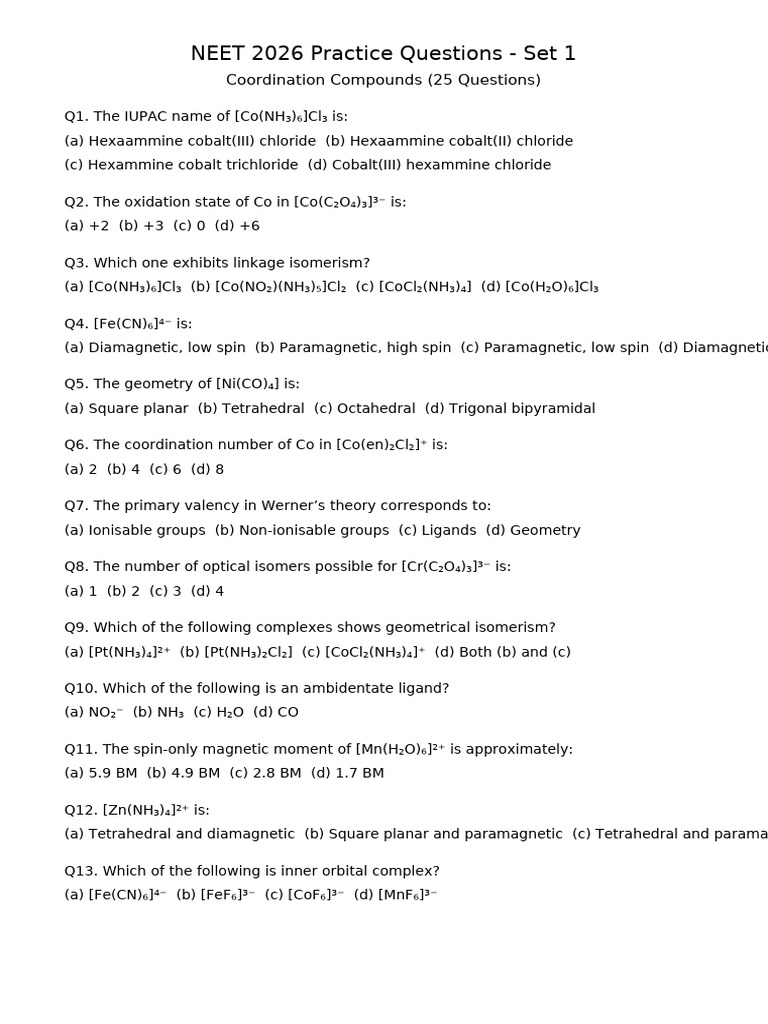 NEET Practice Set1 Coordination FIXED | PDF | Coordination Complex ...