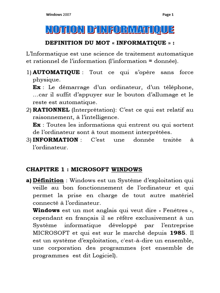 Guide d'utilisation de Windows 2007 | PDF | Microsoft Windows ...