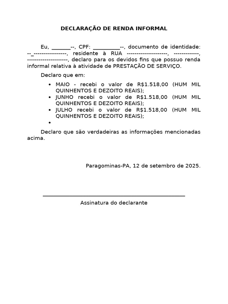 Declaração de Renda Informal | PDF