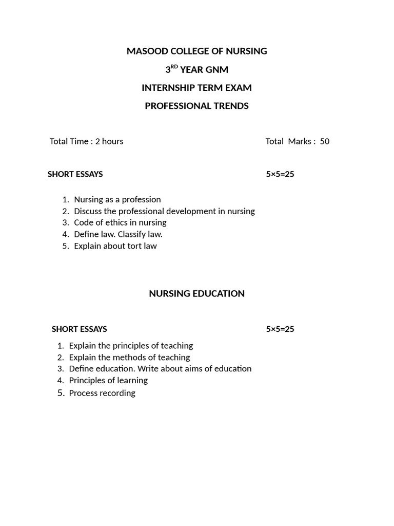 GNM 3rd Year Internship Exam Paper | PDF