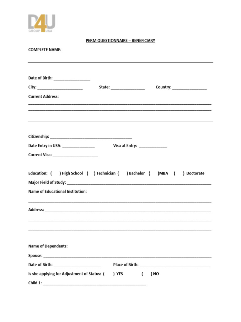 PERM Beneficiary Questionnaire Form | PDF | Immigration | International Law