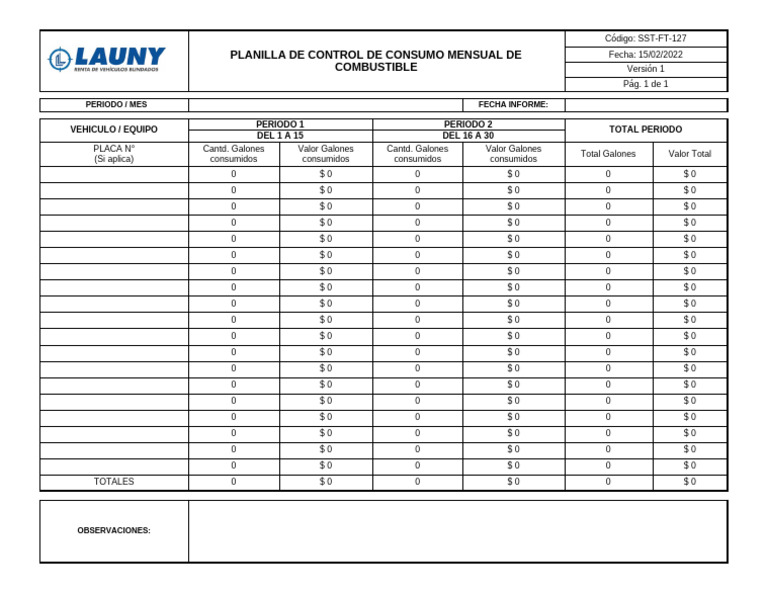 SST-FT-127 Formato Planilla Control de Consumo Mensual de Combustible ...