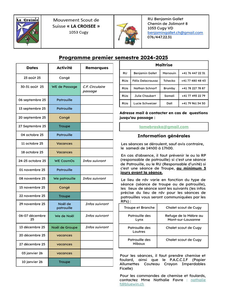 Programme Scout 2024-2025 à Cugy | PDF