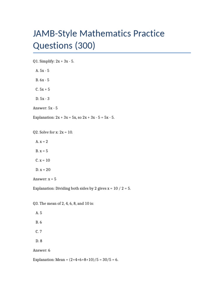 JAMB Mathematics Practice Questions | PDF | Diameter | Trigonometry