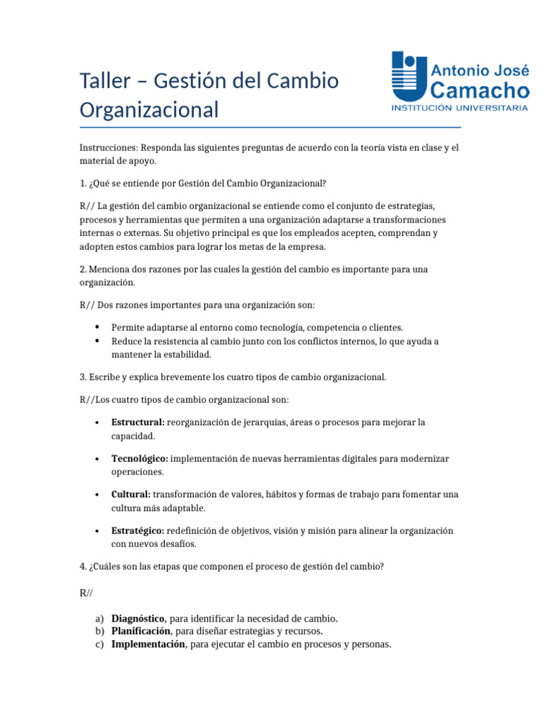 Taller de Gestión del Cambio Organizacional | PDF | Gestión del cambio ...