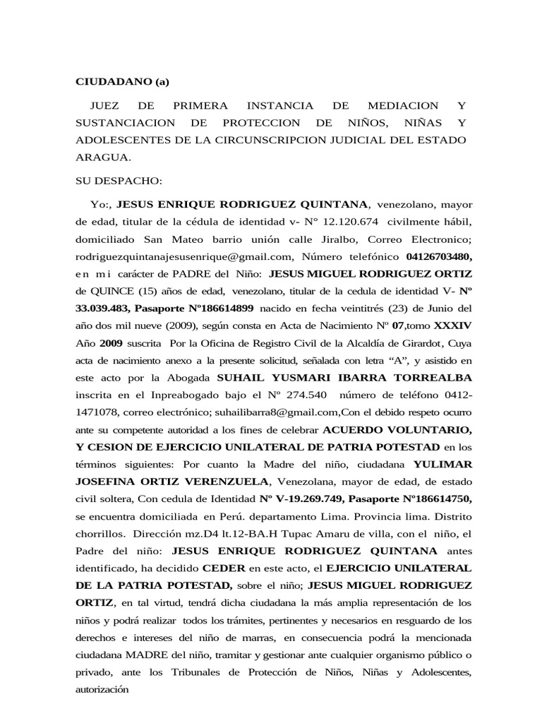 Ejercicio Unilateral de La Patria Potest | PDF | Gobierno