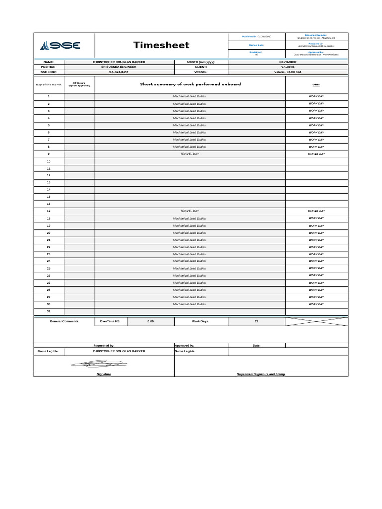 November Timesheet for SR Subsea Engineer | PDF