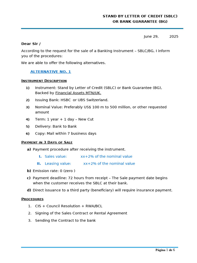 SBLC and BG Sale Procedures Guide | PDF | Letter Of Credit | Money