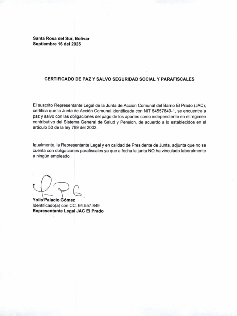 Certificado Paz y Salvo, Parafiscales | PDF