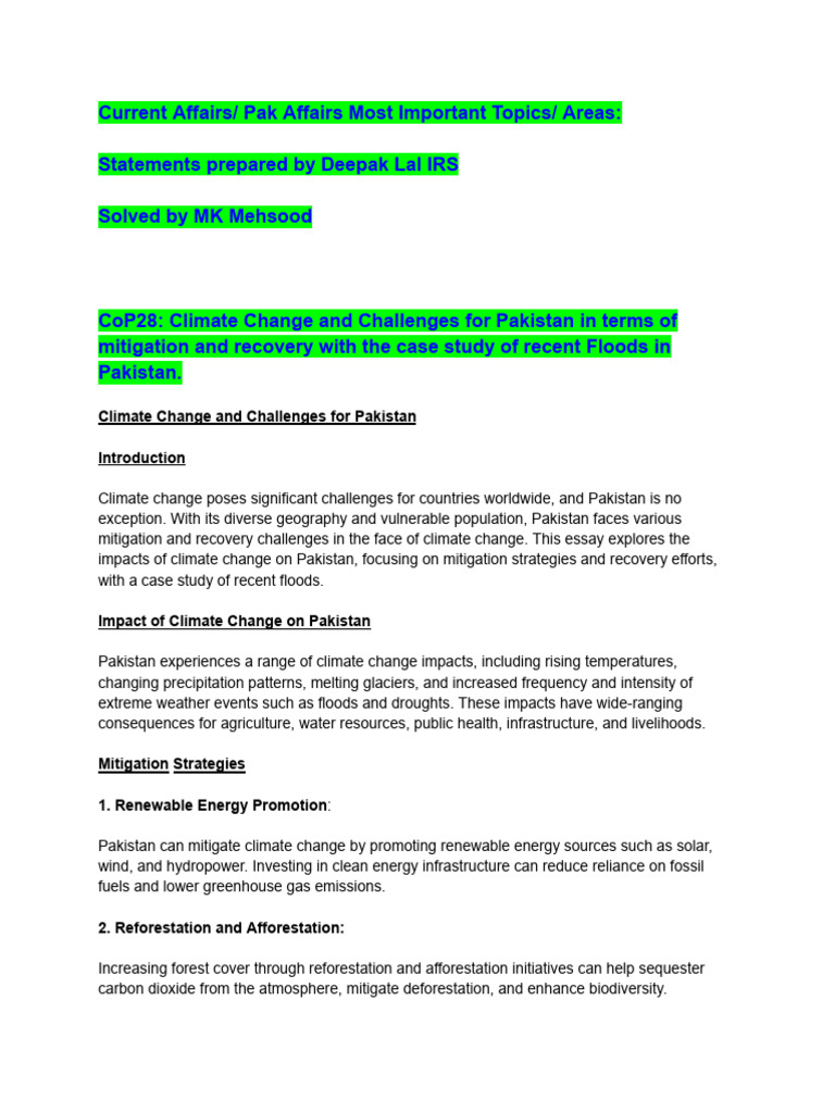 Climate Change Challenges for Pakistan | PDF | Climate Change ...
