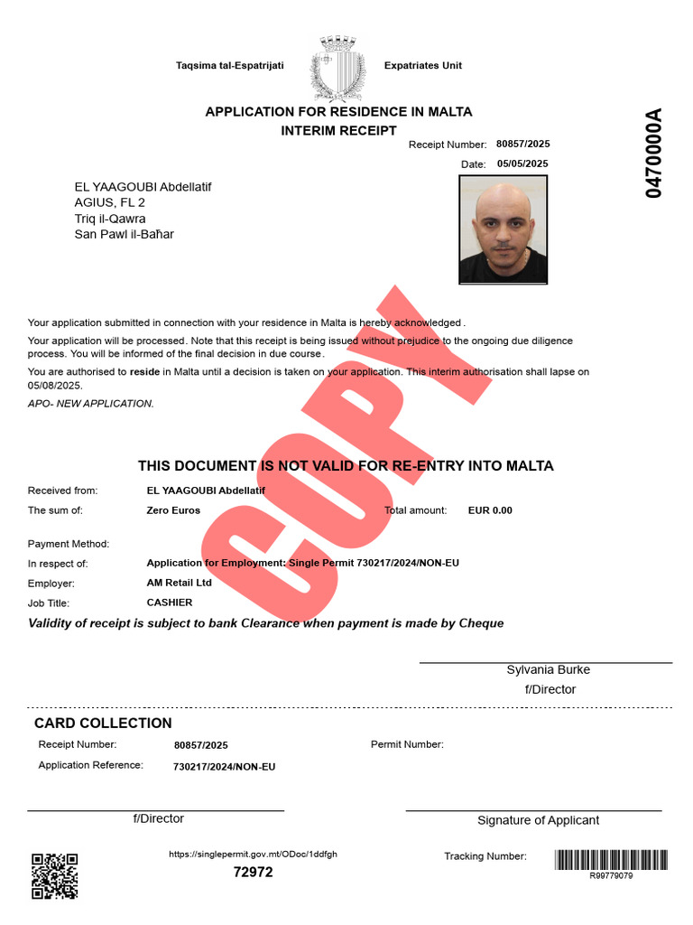 Malta Residence Application Receipt | PDF | Payments
