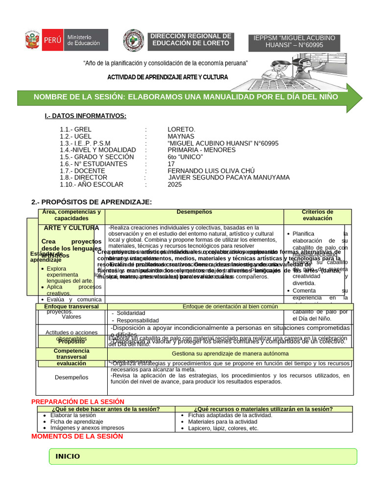 Sesion de Arte y Cultura 29..08..2025 | PDF | Aprendizaje | Evaluación