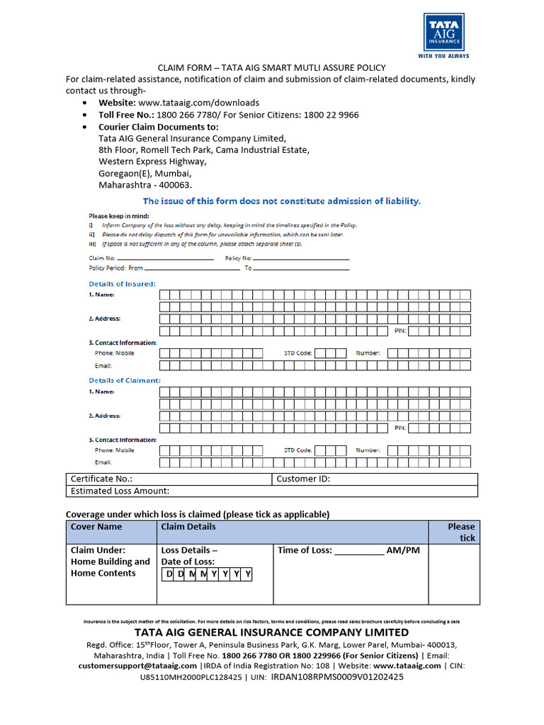 TATA AIG Insurance Claim Form Guide | PDF | Insurance | Private Law