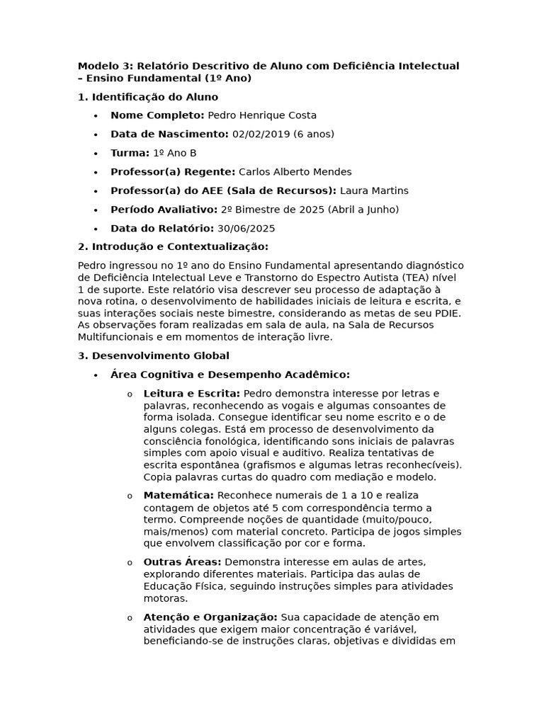 Modelo 3 Relatório Descritivo de Aluno Com Deficiência Intelectual ...