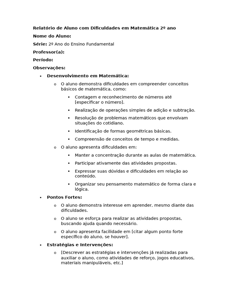Dificuldades em Matemática - 2º Ano | PDF | Matemática | Aprendizado