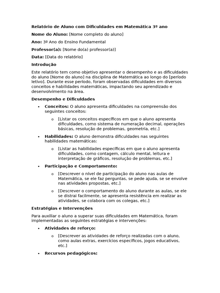 Relatório de Dificuldades em Matemática 3º Ano | PDF | Matemática ...